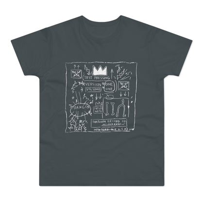 Dark gray t-shirt with white chalk-like artwork including a crown, text, and abstract figures.