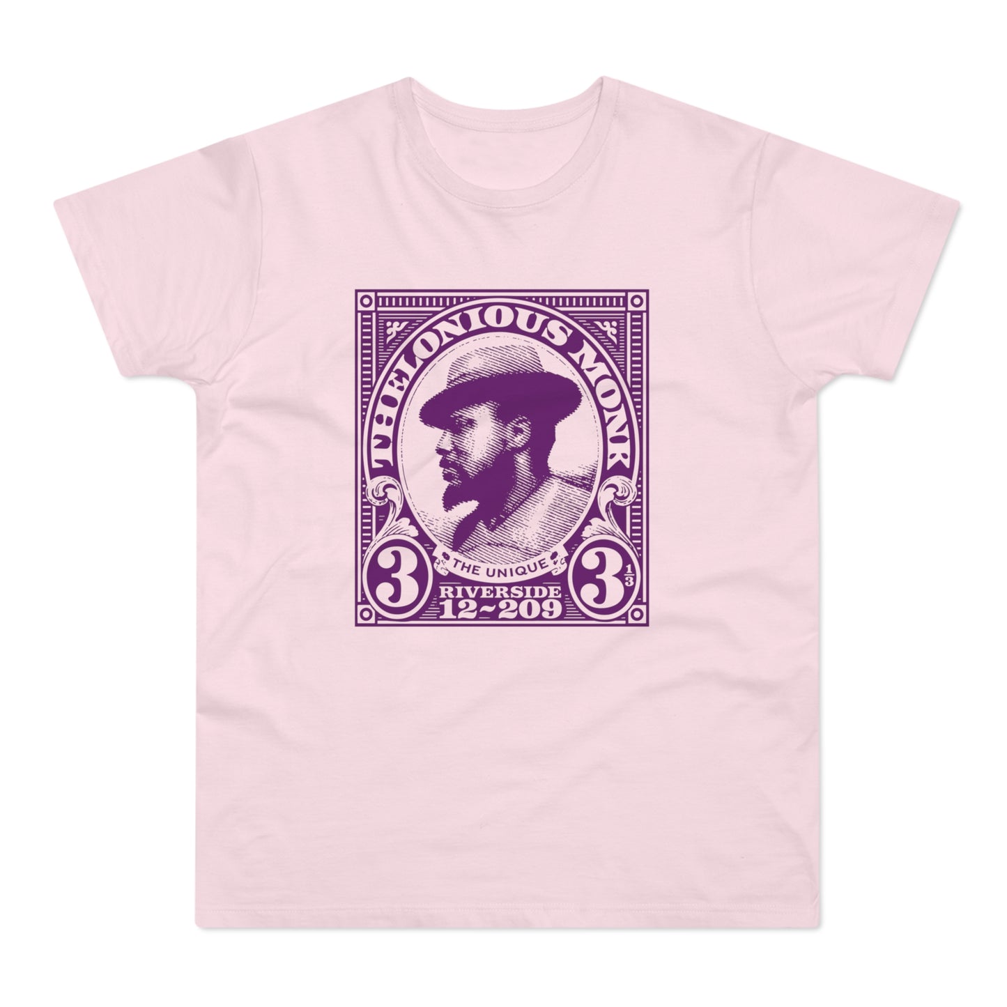 Thelonious Monk portrait on a pink t-shirt with 'The Unique Riverside' text.