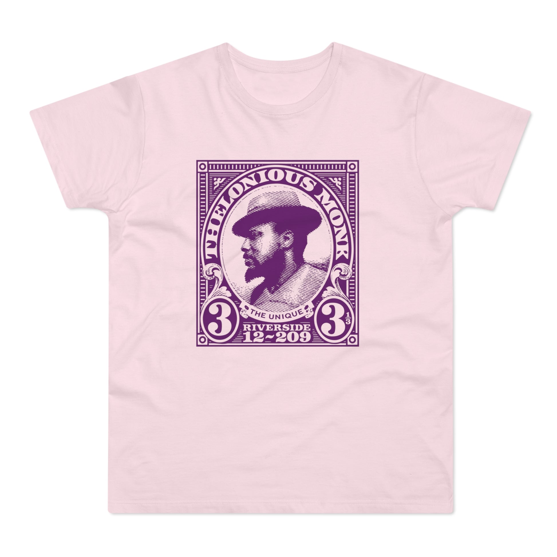 Thelonious Monk portrait on a pink t-shirt with 'The Unique Riverside' text.