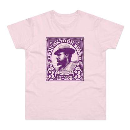 Thelonious Monk portrait on a pink t-shirt with 'The Unique Riverside' text.