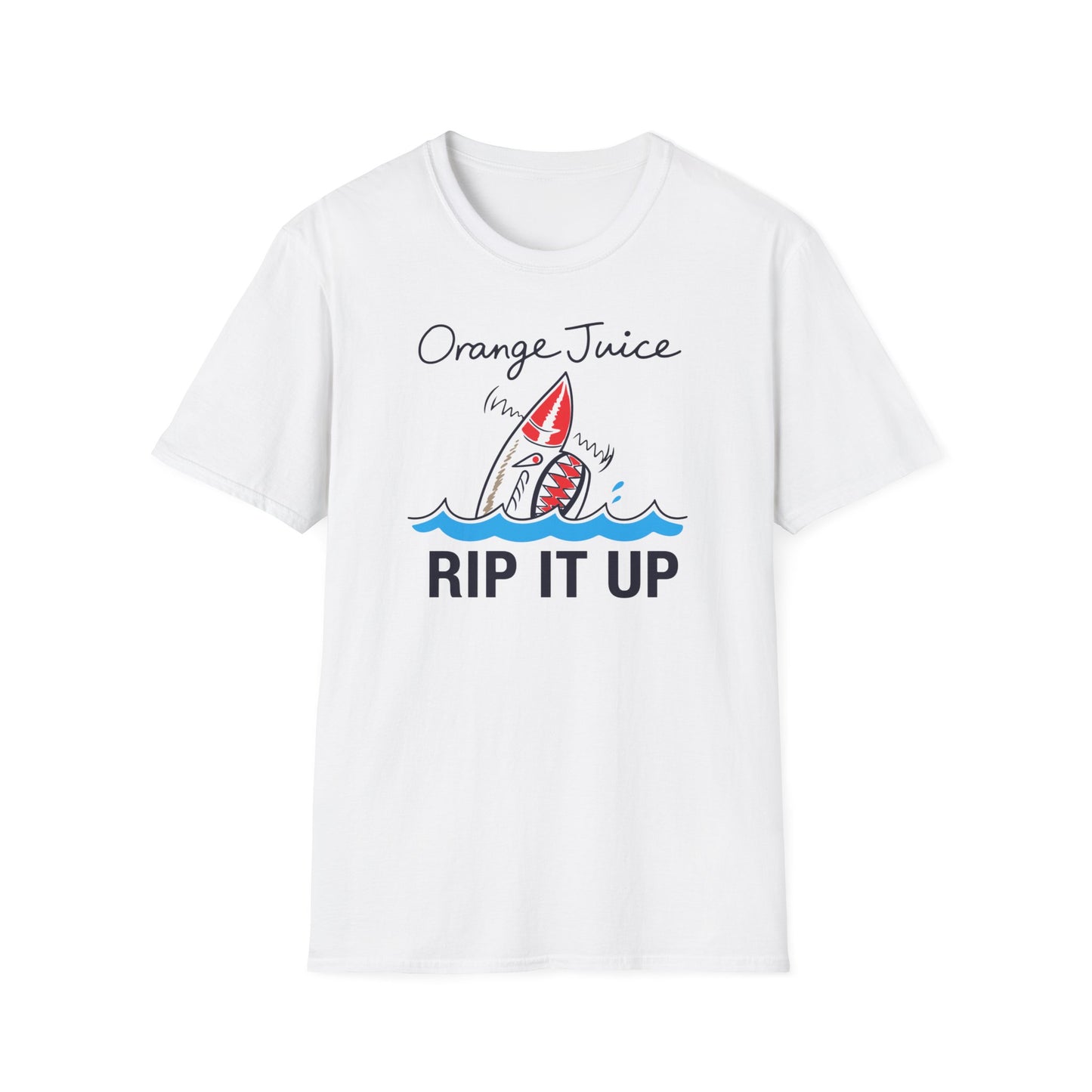 White t-shirt with "Orange Juice Rip It Up" and a shark graphic.