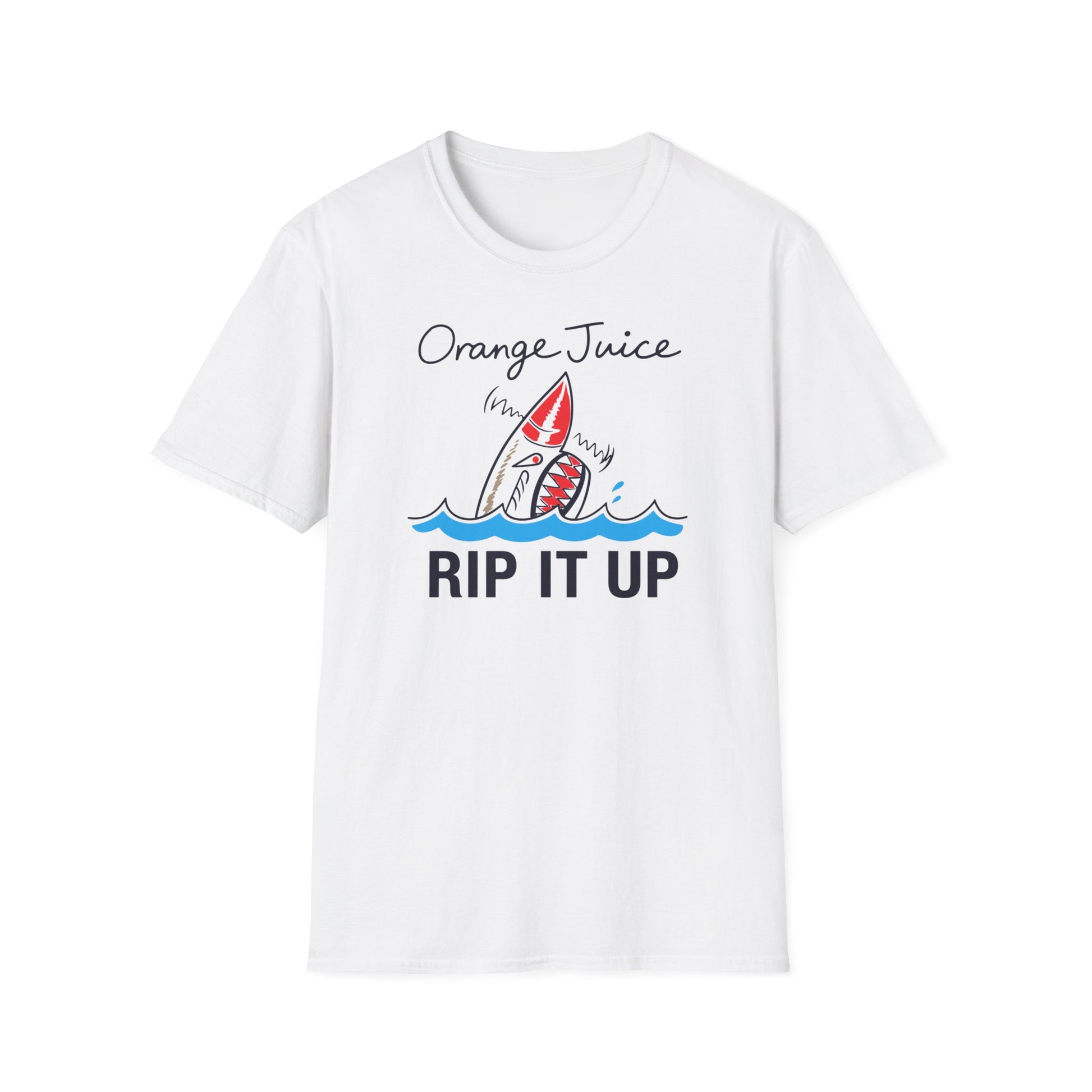 White t-shirt with "Orange Juice Rip It Up" and a shark graphic.
