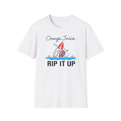 White t-shirt with "Orange Juice Rip It Up" and a shark graphic.