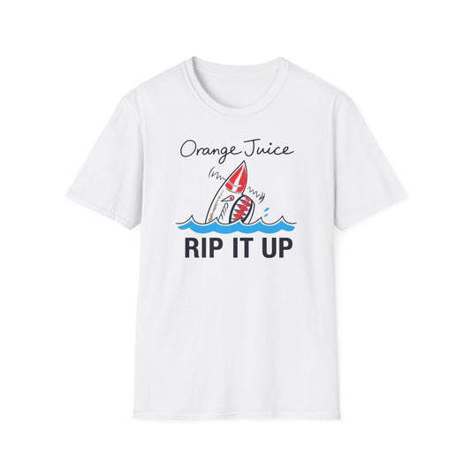 White t-shirt with "Orange Juice Rip It Up" and a shark graphic.