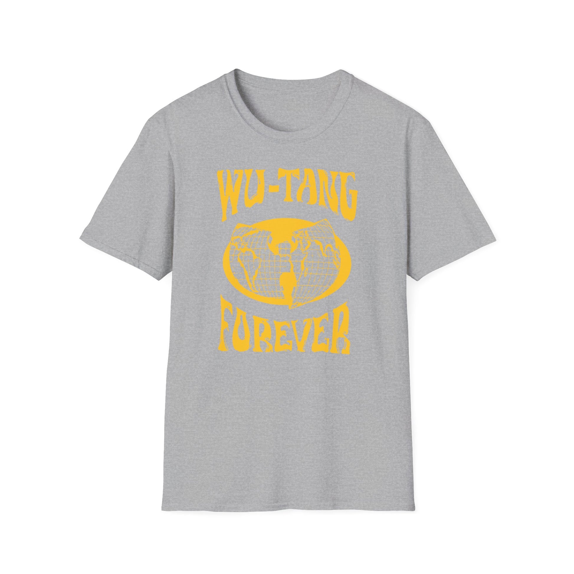 Grey t-shirt with yellow logo and text.