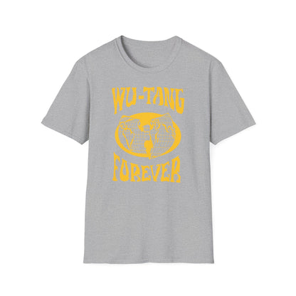 Grey t-shirt with yellow logo and text.