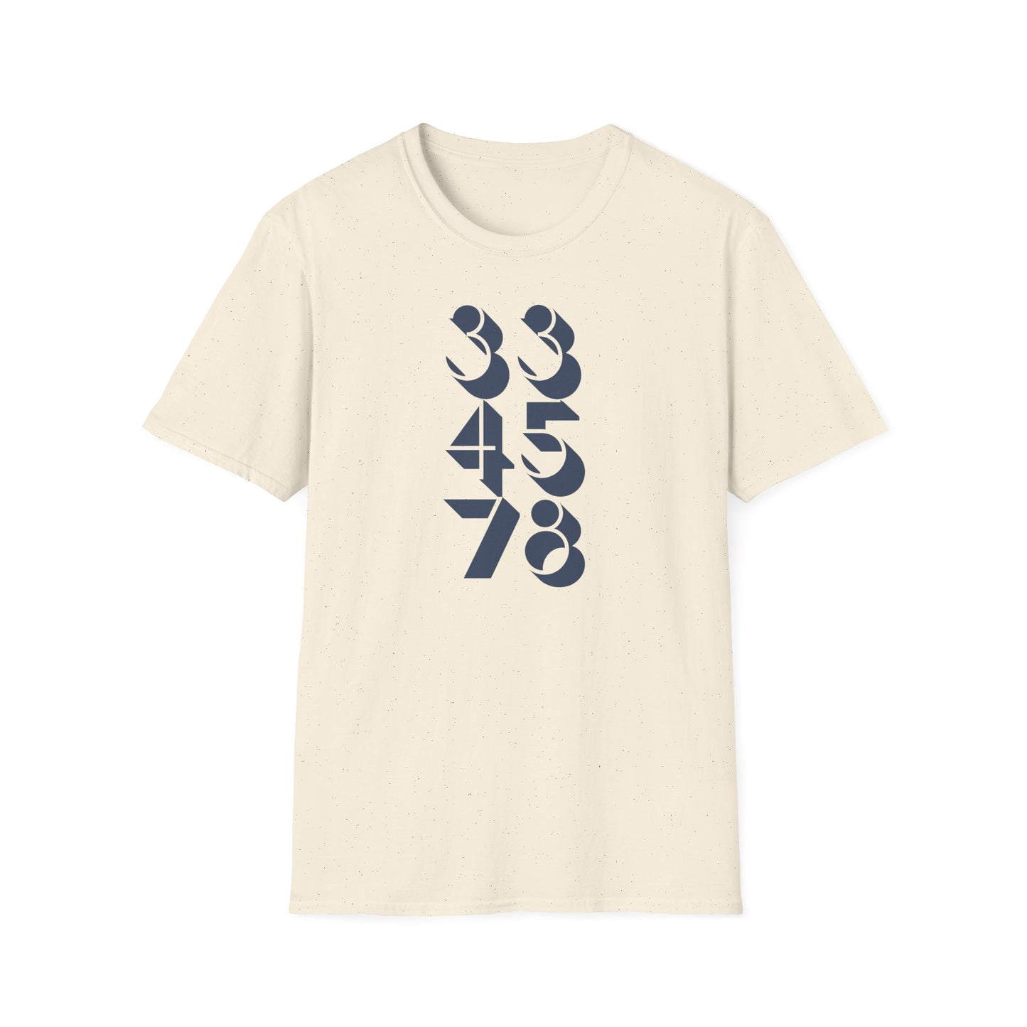 Cream t-shirt with navy blue numbers 334578 in a vertical stacked design.