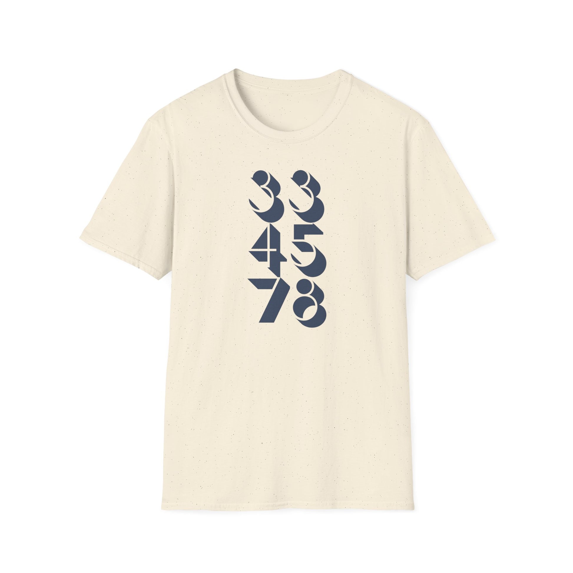 Cream t-shirt with navy blue numbers 334578 in a vertical stacked design.