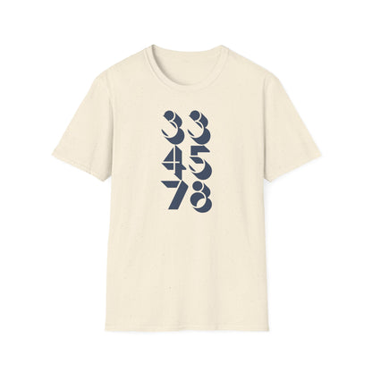 Cream t-shirt with navy blue numbers 334578 in a vertical stacked design.