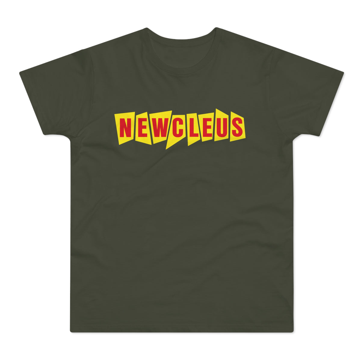 Dark green t-shirt with red "NEWCLEUS" text in a yellow jagged font.