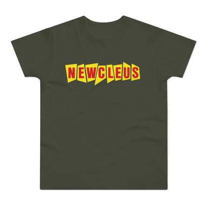 Dark green t-shirt with red "NEWCLEUS" text in a yellow jagged font.