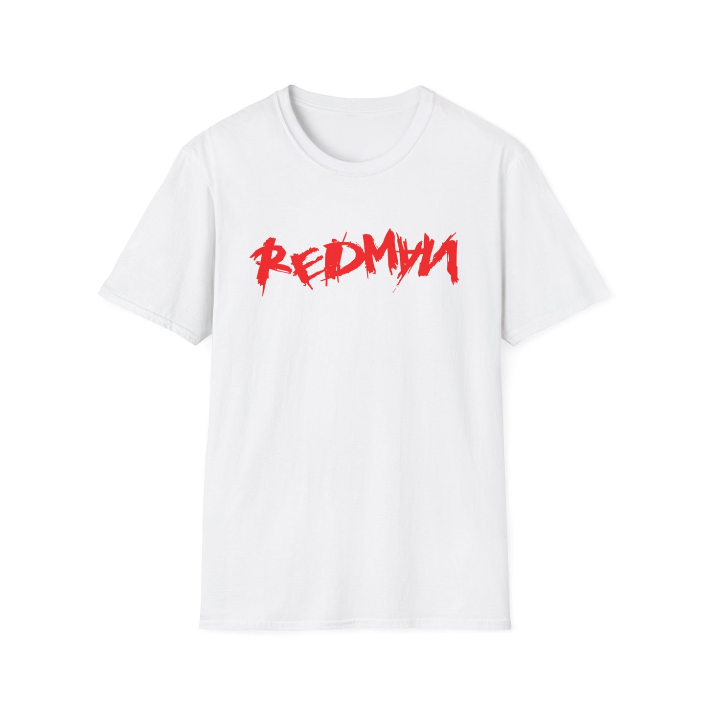 White t-shirt with red "REDMAN" text in a distressed font.