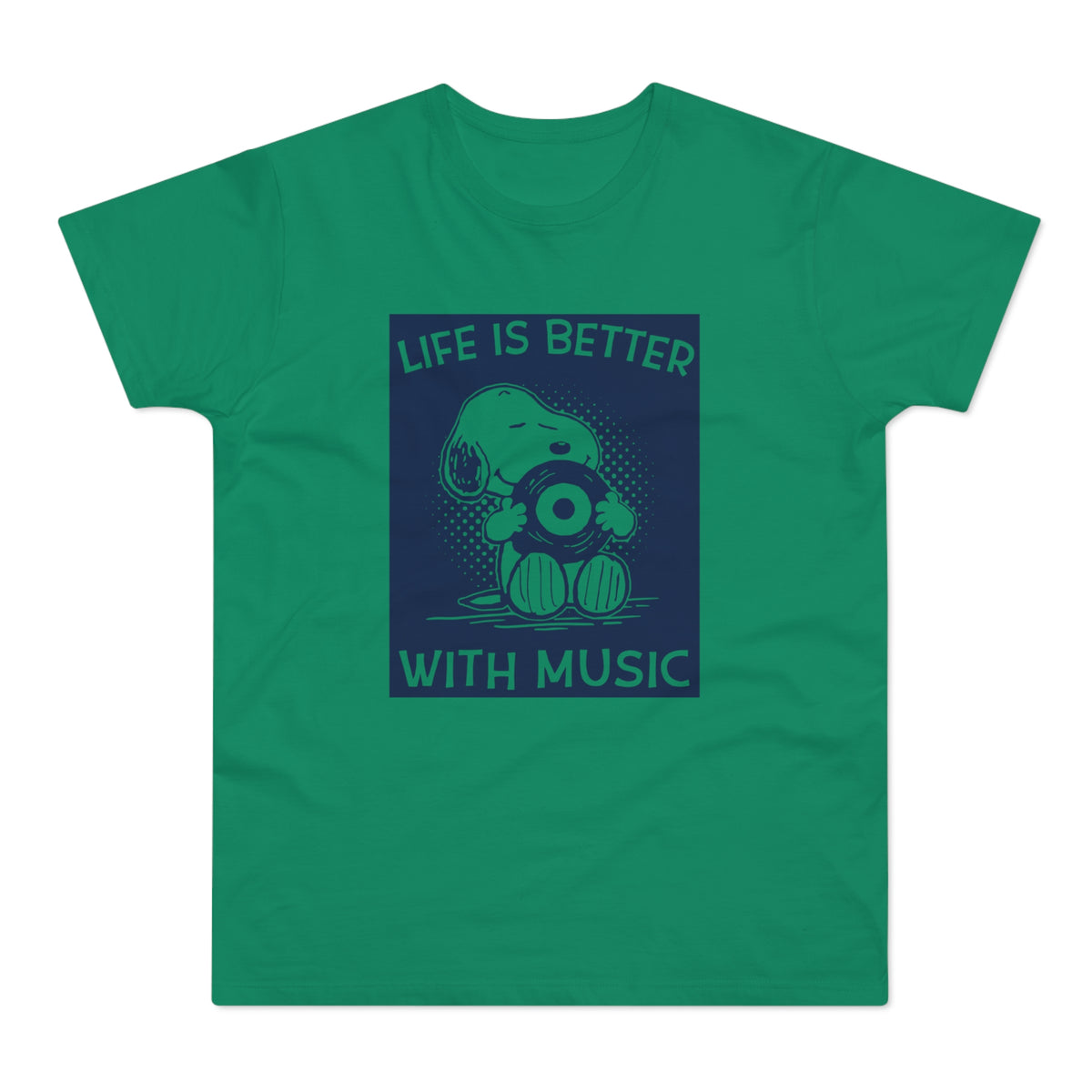 Snoopy holding a record with text "LIFE IS BETTER WITH MUSIC".