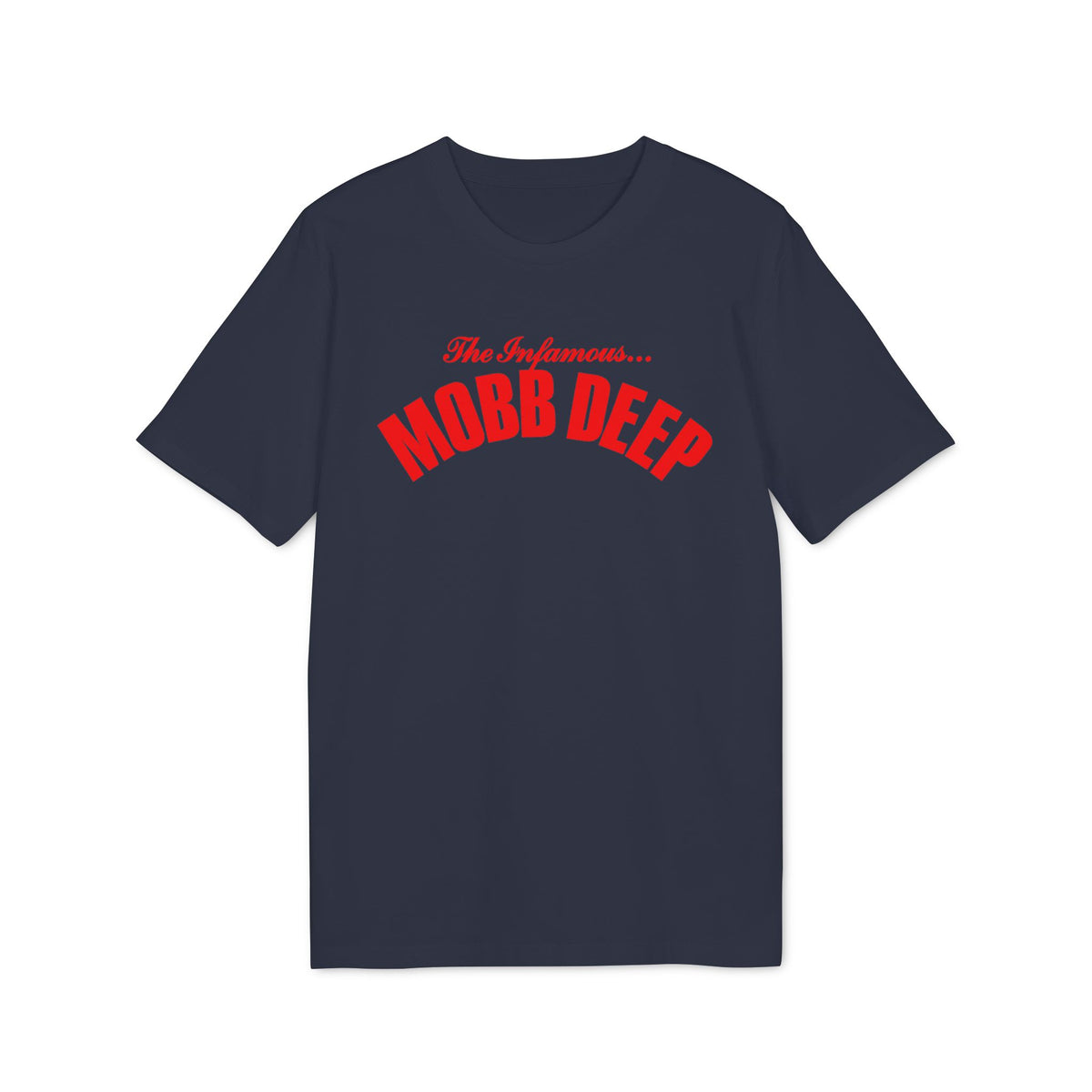 A dark navy blue t-shirt featuring the red text The Infamous Mobb Deep across the chest.