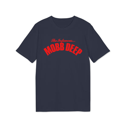 A dark navy blue t-shirt featuring the red text The Infamous Mobb Deep across the chest.