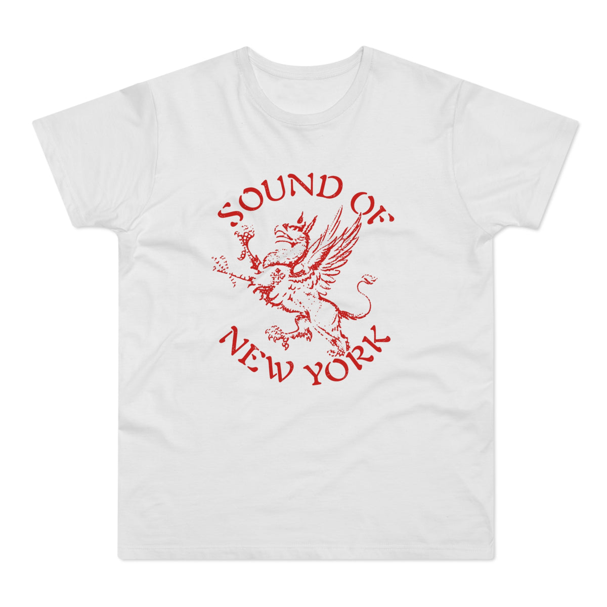 White t-shirt with red graphic and text: "SOUND OF NEW YORK"