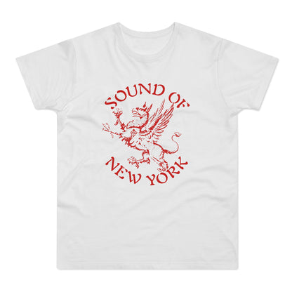 White t-shirt with red graphic and text: "SOUND OF NEW YORK"
