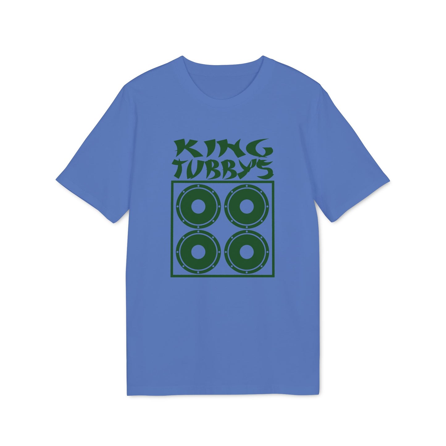 Blue t-shirt with green "KING TUBBYS" text and four speaker graphic.