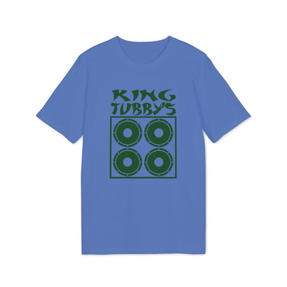 Blue t-shirt with green "KING TUBBYS" text and four speaker graphic.