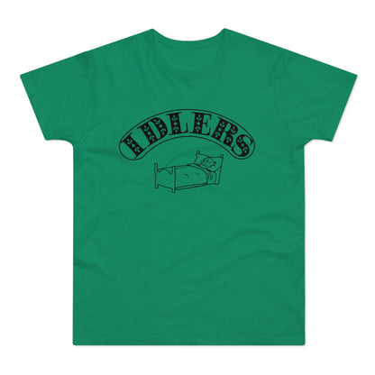 Green t-shirt with black graphic of person in bed and text "RIDLERS".