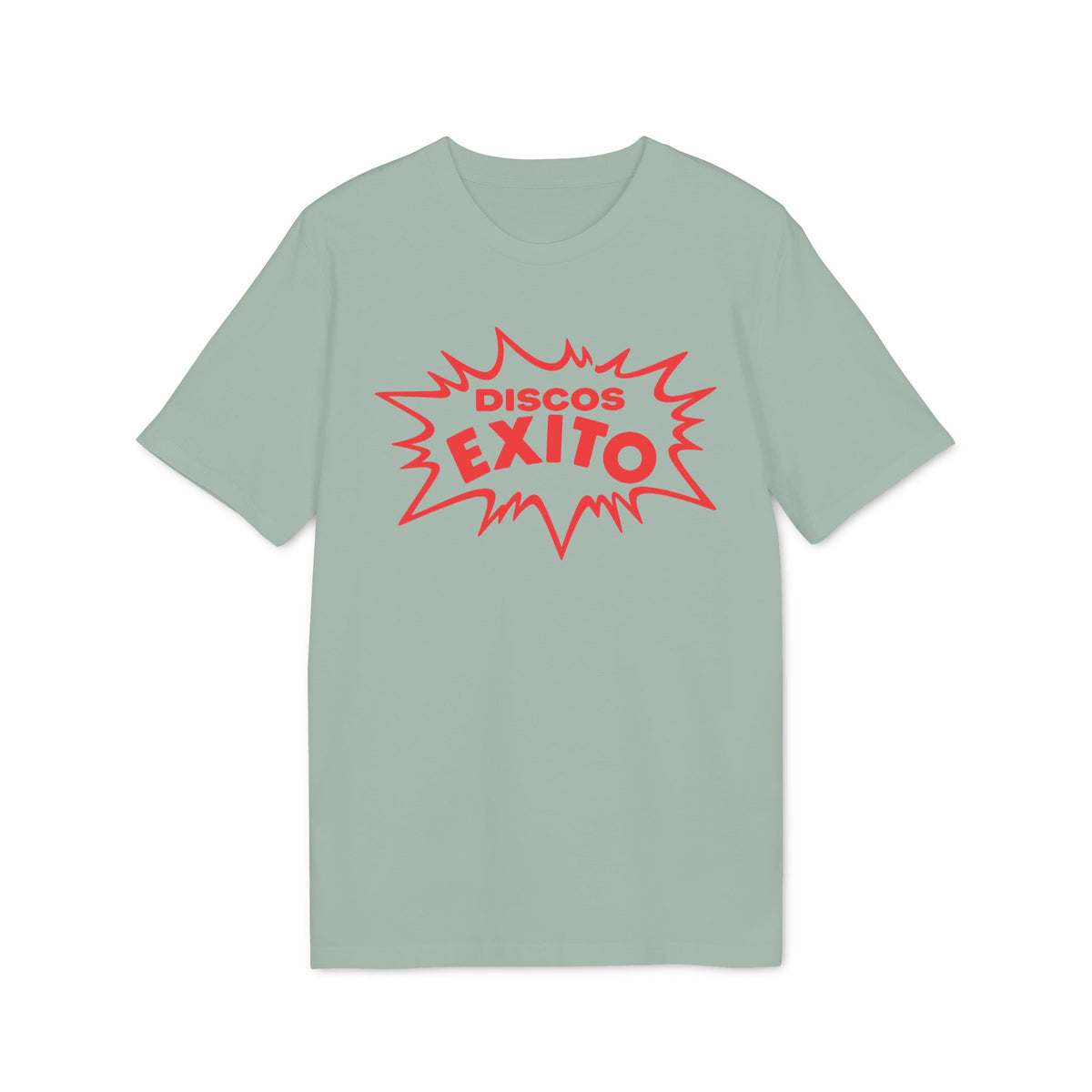 A sage green short-sleeved t-shirt featuring a red graphic with the text DISCOS EXITO inside a jagged comic-style explosion shape.