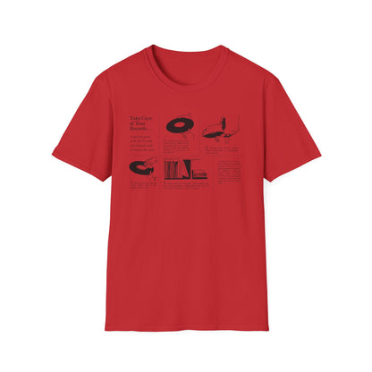Red t-shirt with "Take Care of Your Records..." guide and illustrations.