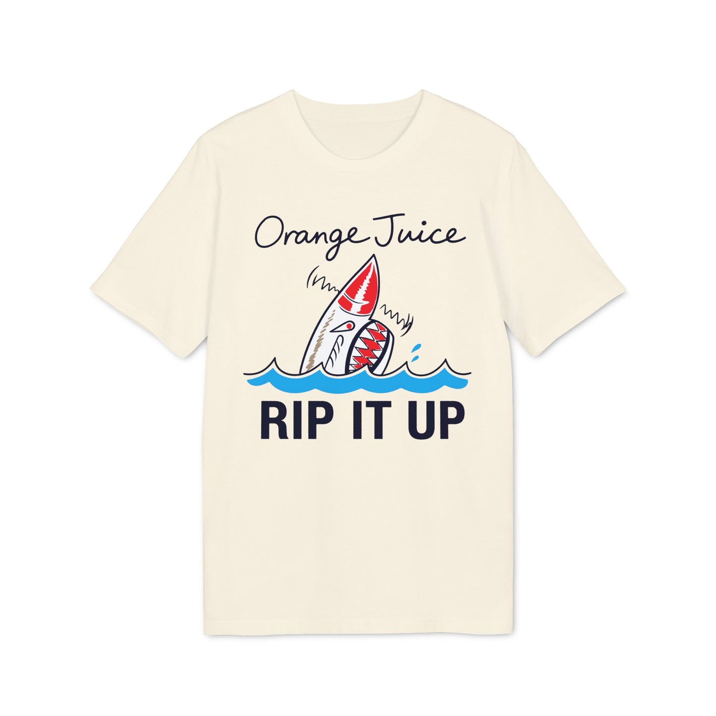 Cream t-shirt with a shark graphic and text "Orange Juice RIP IT UP".