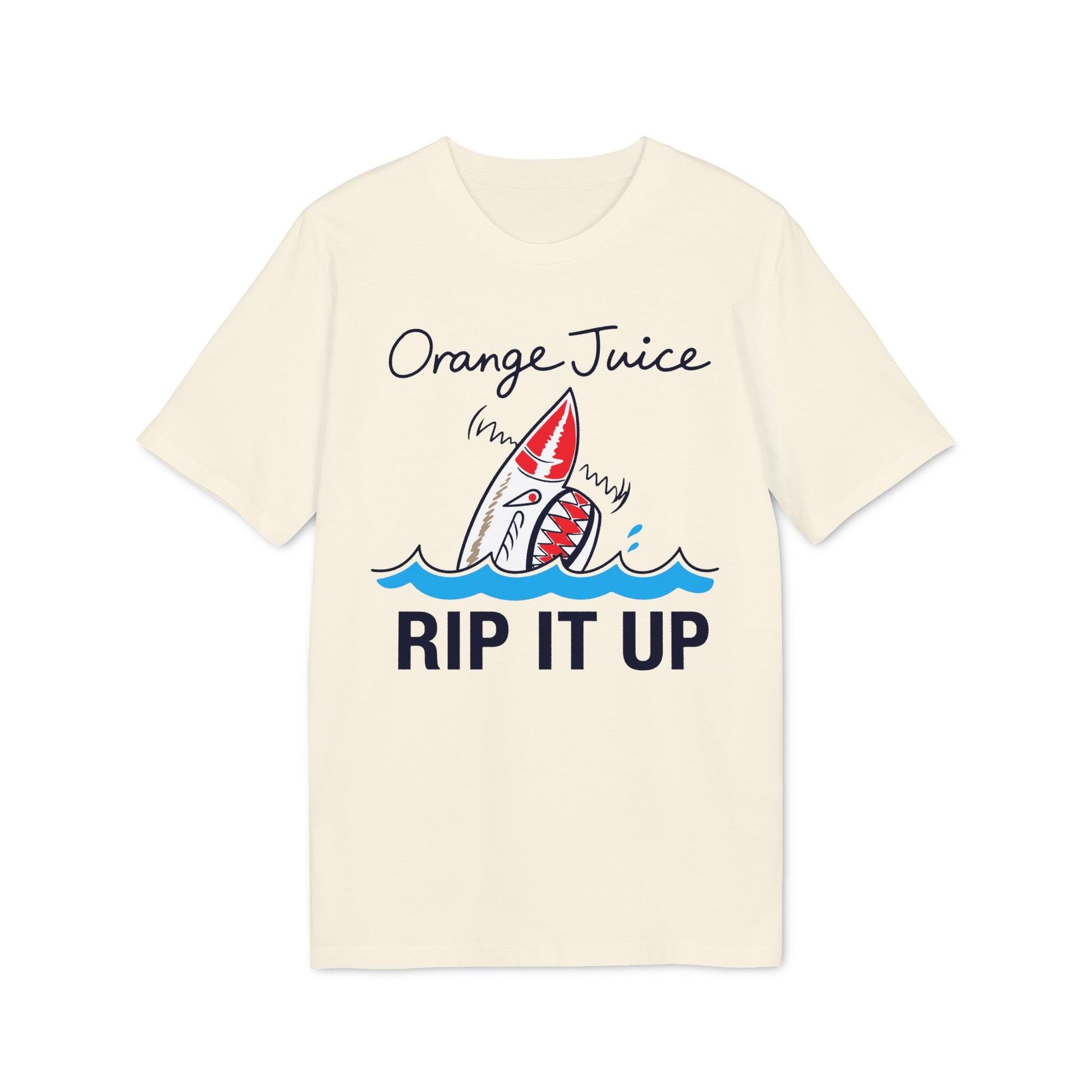 Cream t-shirt with a shark graphic and text "Orange Juice RIP IT UP".