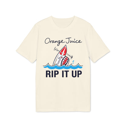 Cream t-shirt with a shark graphic and text "Orange Juice RIP IT UP".