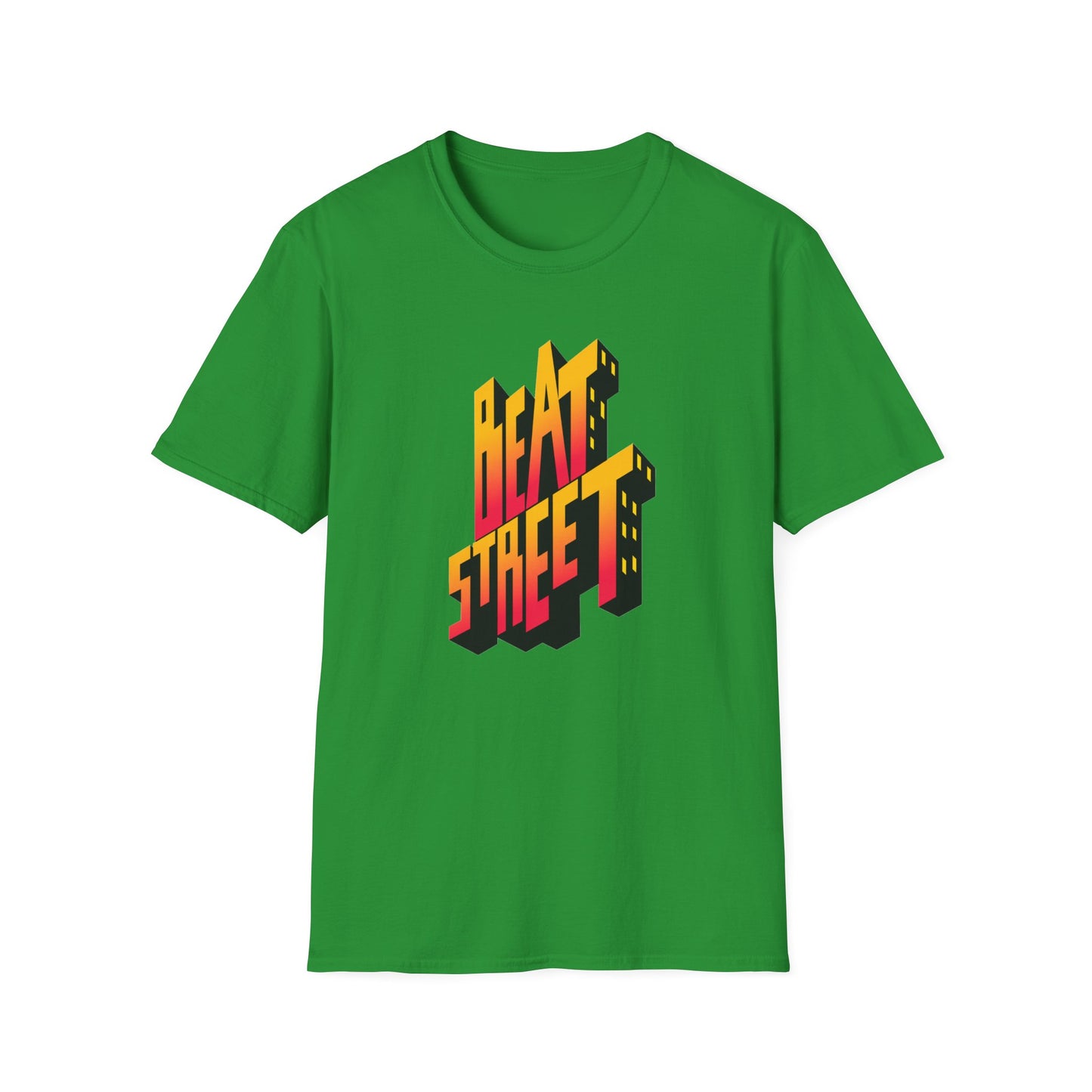 Green t-shirt with "BEAT STREET" in 3D gradient text with building shapes.