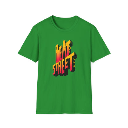 Green t-shirt with "BEAT STREET" in 3D gradient text with building shapes.