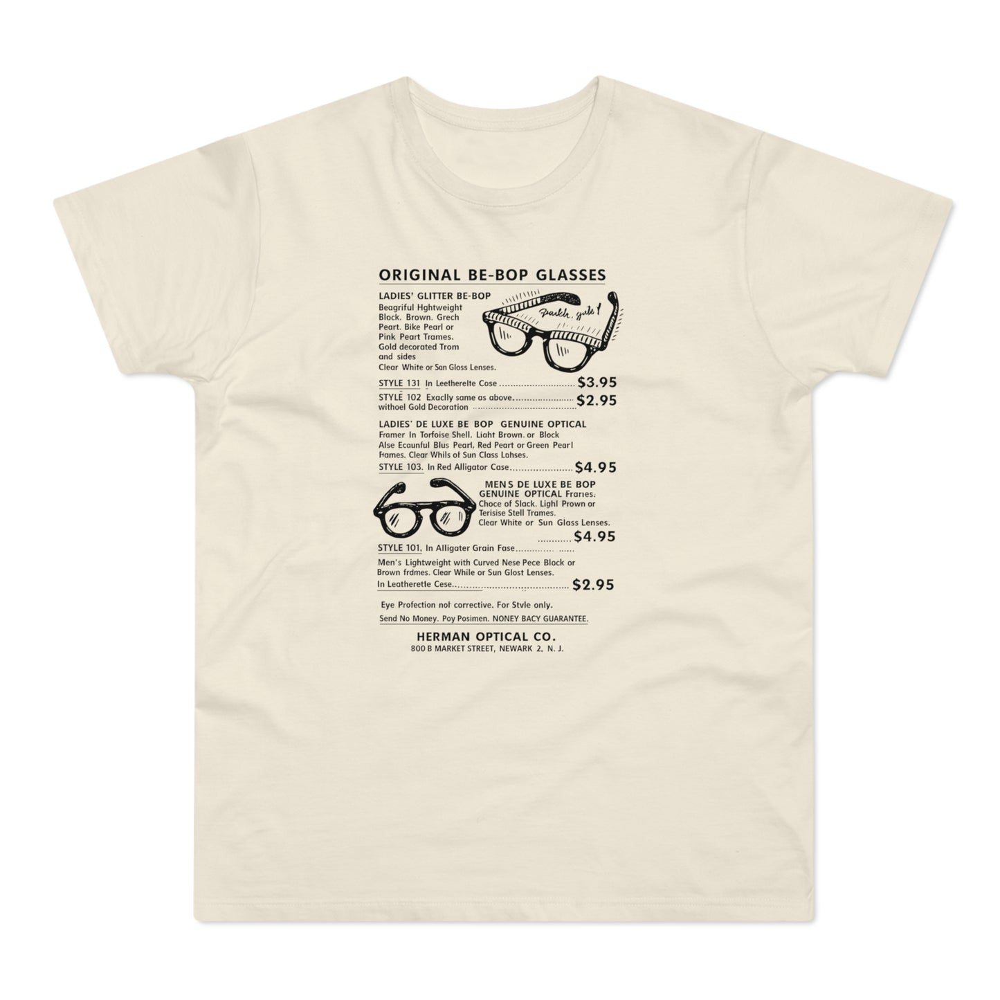 T-shirt with vintage "Original Be-Bop Glasses" ad featuring eyewear styles and prices.