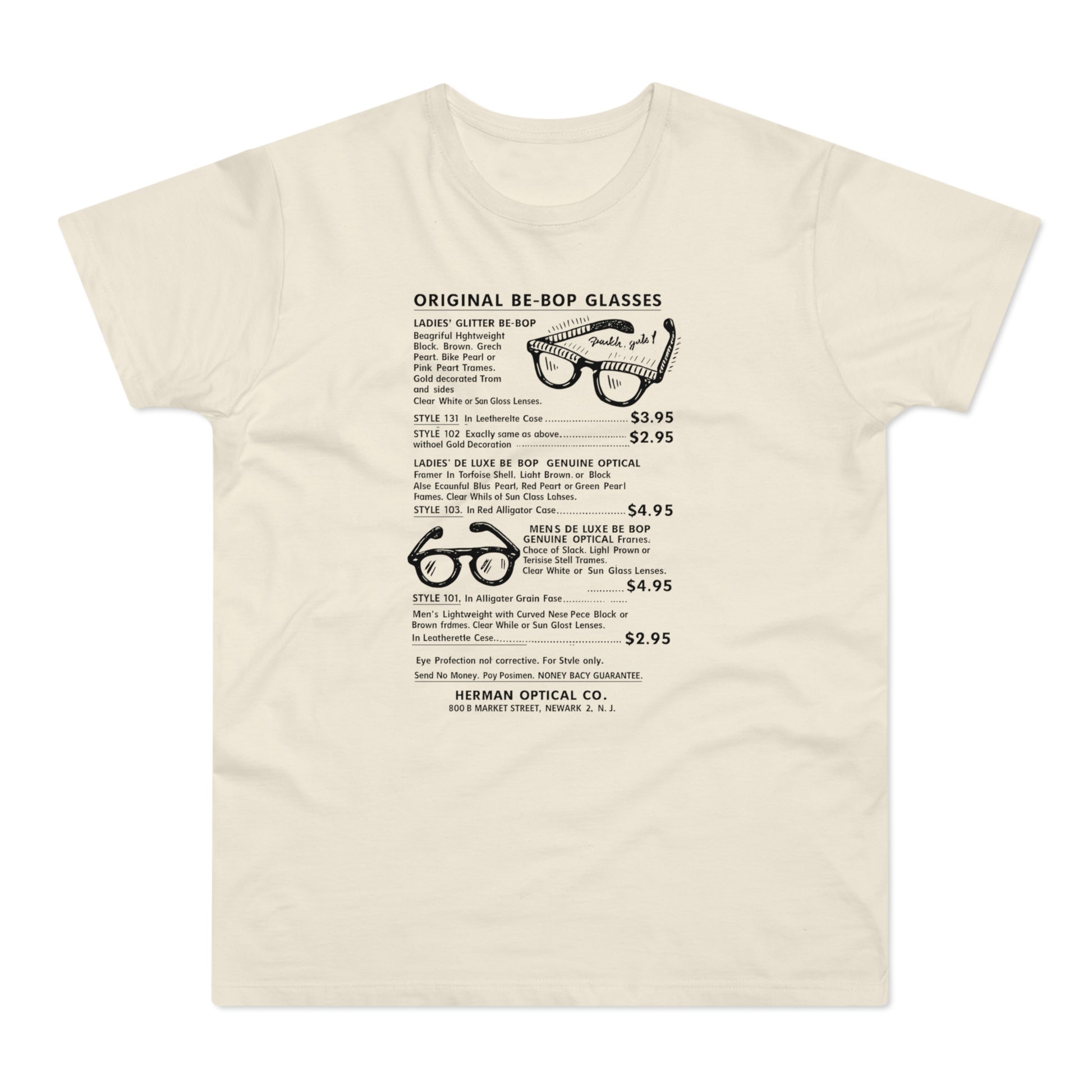 T-shirt with vintage "Original Be-Bop Glasses" ad featuring eyewear styles and prices.