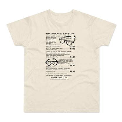 T-shirt with vintage "Original Be-Bop Glasses" ad featuring eyewear styles and prices.