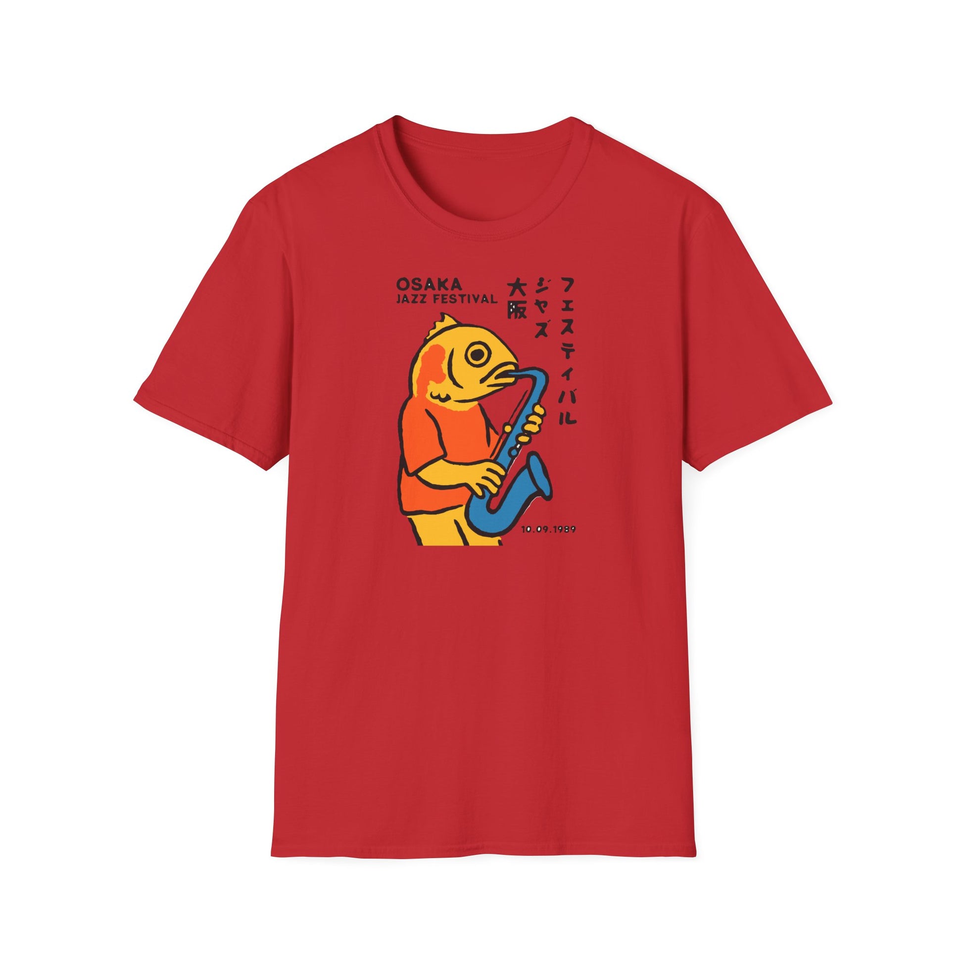 Red t-shirt with a yellow fish playing a saxophone, text reads "Osaka Jazz Festival 10.09.1989".