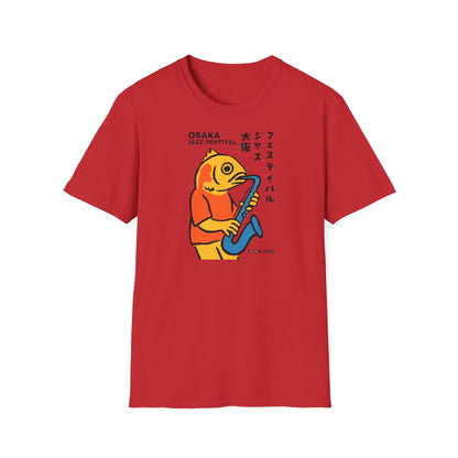 Red t-shirt with a yellow fish playing a saxophone, text reads "Osaka Jazz Festival 10.09.1989".