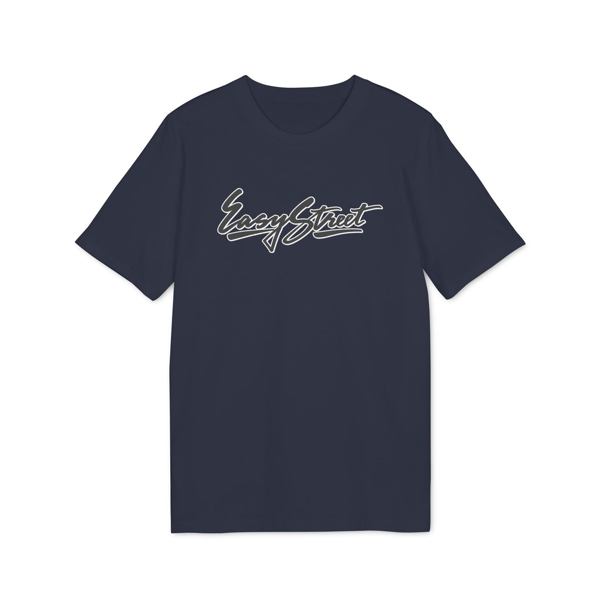 A dark blue t-shirt featuring white cursive text that reads Easy Street centered on the chest.