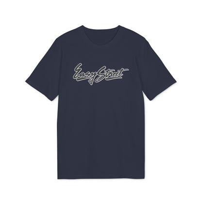 A dark blue t-shirt featuring white cursive text that reads Easy Street centered on the chest.