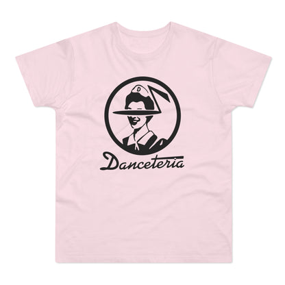 Pink t-shirt with black graphic logo and text "Danceteria."