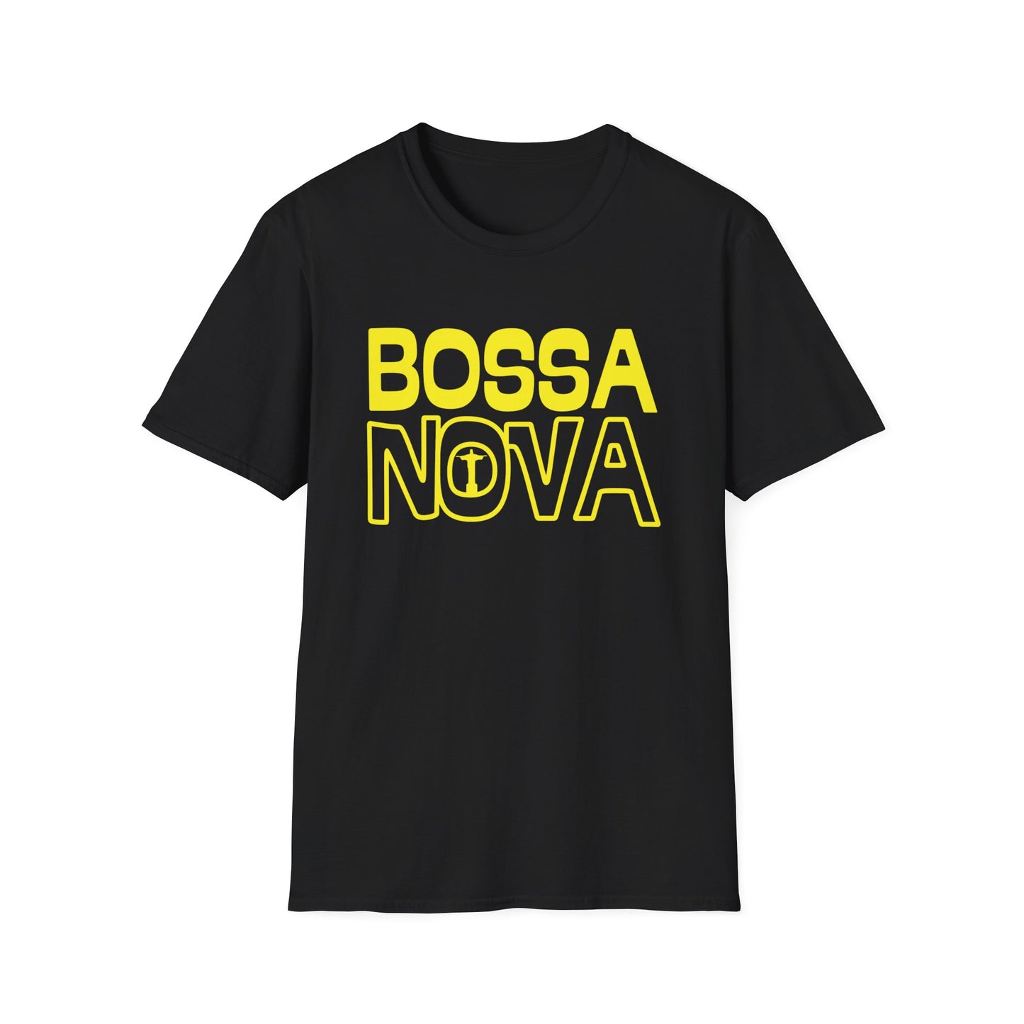 Black t-shirt with yellow "BOSSA NOVA" text and Christ the Redeemer illustration.