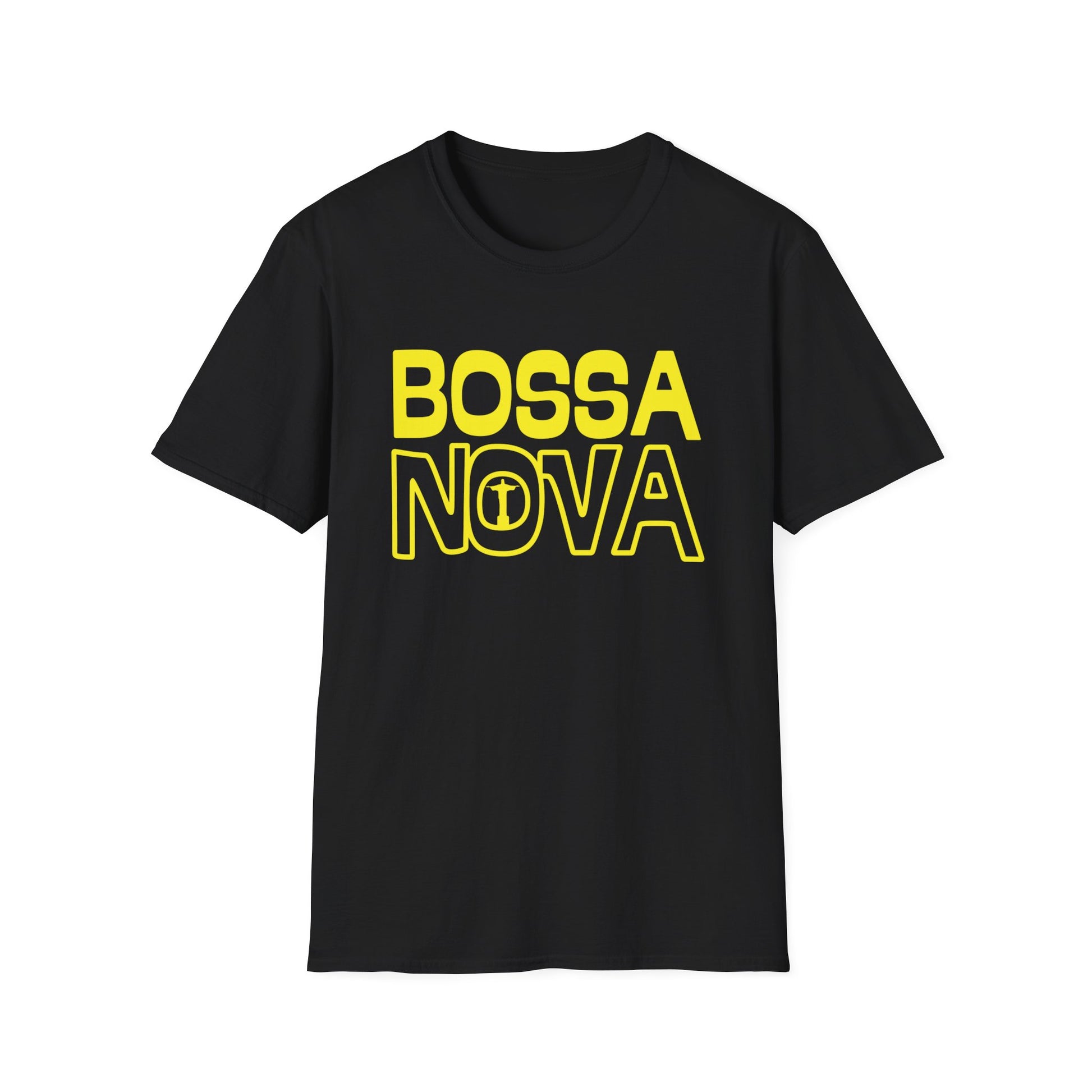 Black t-shirt with yellow "BOSSA NOVA" text and Christ the Redeemer illustration.