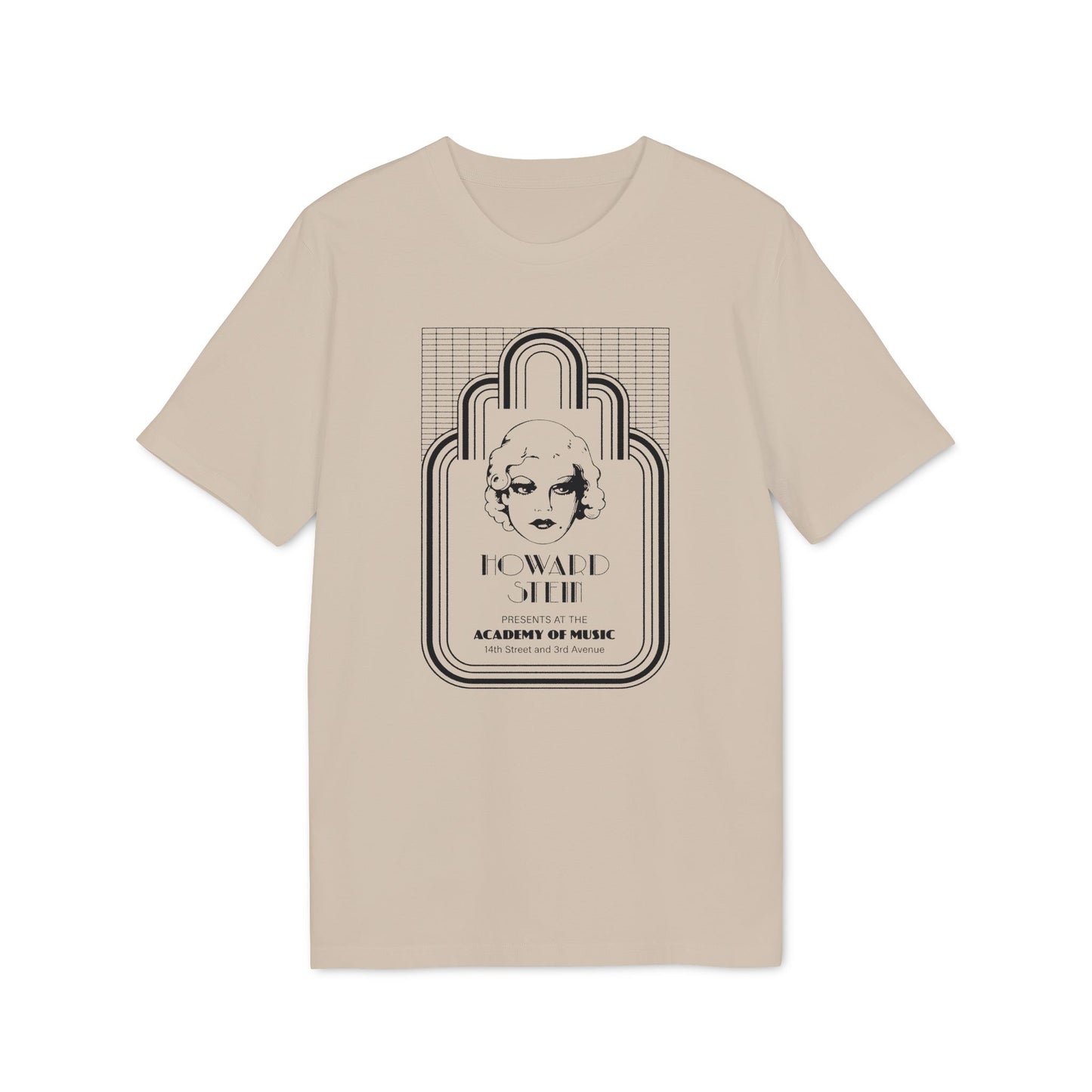 T-shirt with black print of "HOWARD STEIN ACADEMY OF MUSIC" and woman's face.