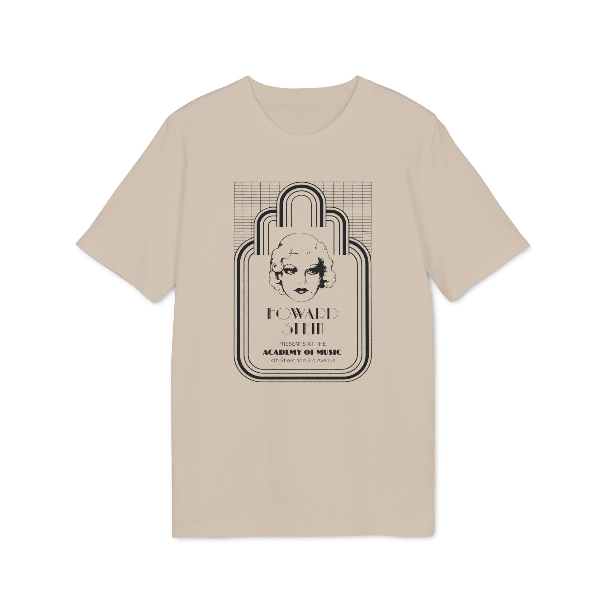 T-shirt with black print of "HOWARD STEIN ACADEMY OF MUSIC" and woman's face.