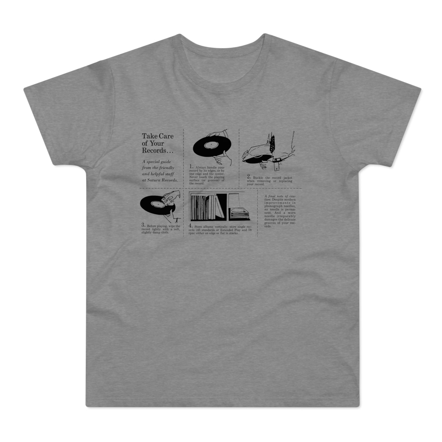 T-shirt with black line drawings detailing how to care for vinyl records.