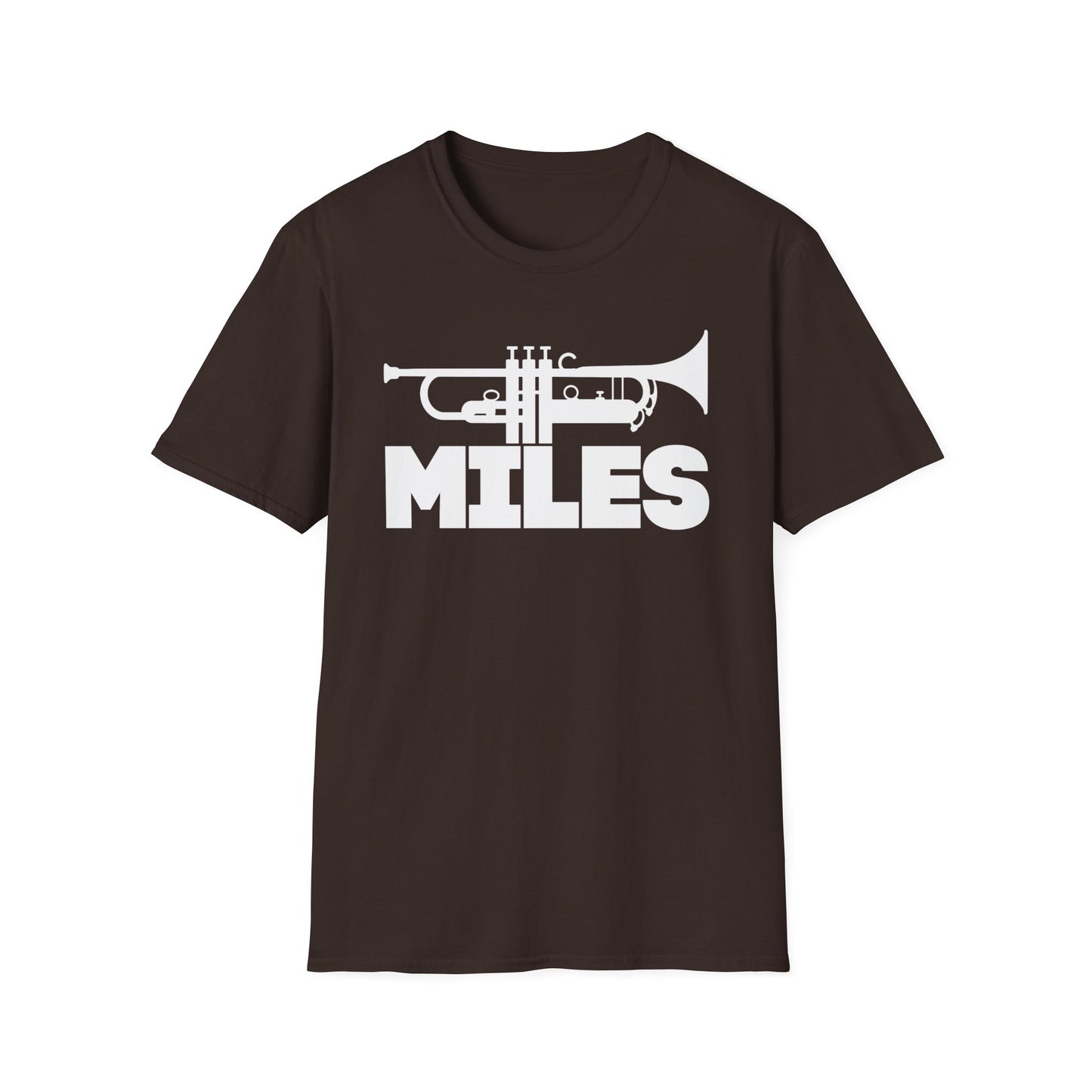 Dark brown t-shirt with white trumpet graphic and "MILES" text.