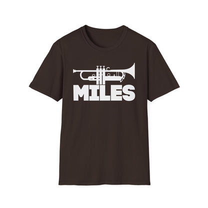 Dark brown t-shirt with white trumpet graphic and "MILES" text.