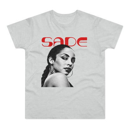 Light gray t-shirt with red "SADE" text and a black and white portrait of Sade.