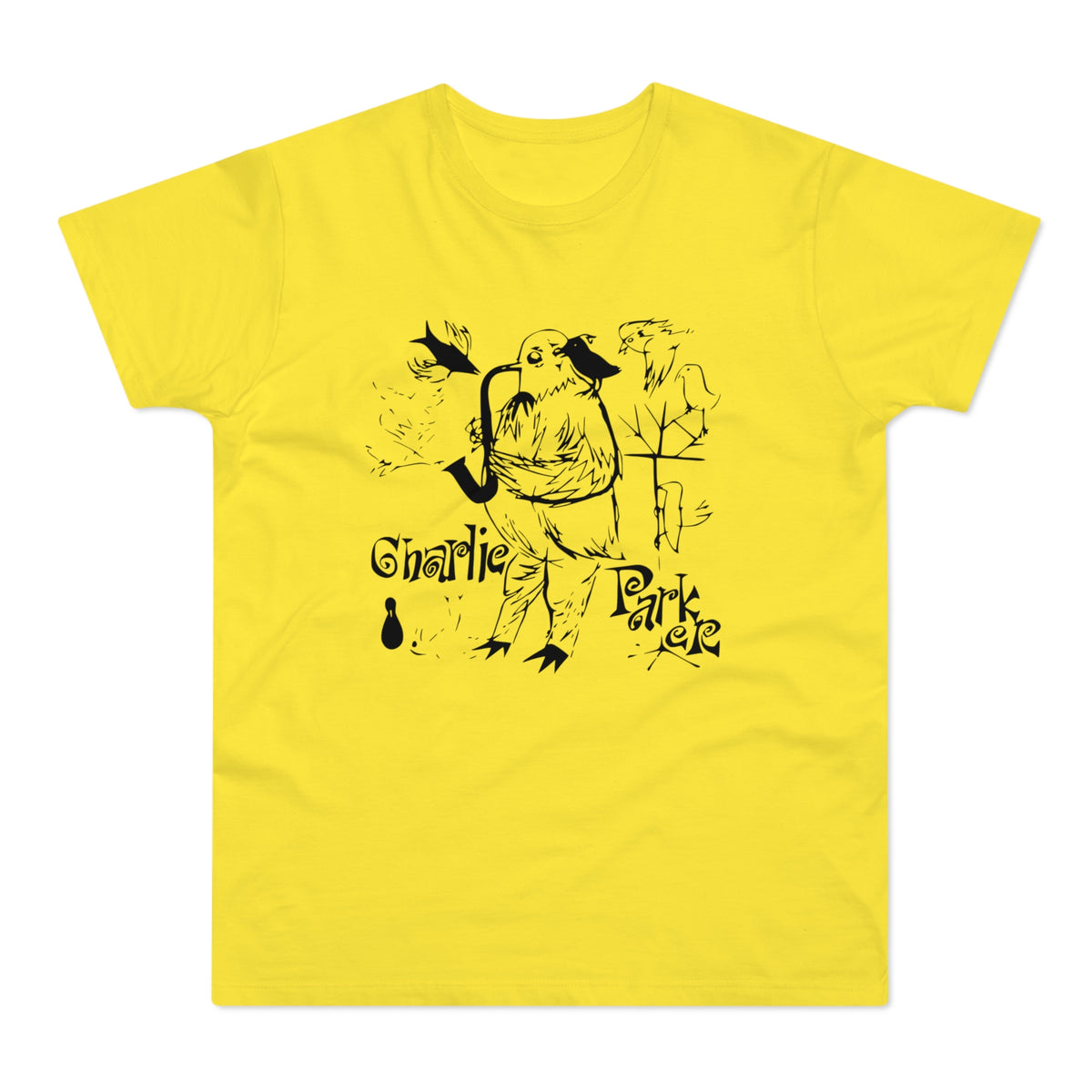 Yellow t-shirt with black cartoon bird playing saxophone and "Charlie Parker" text.