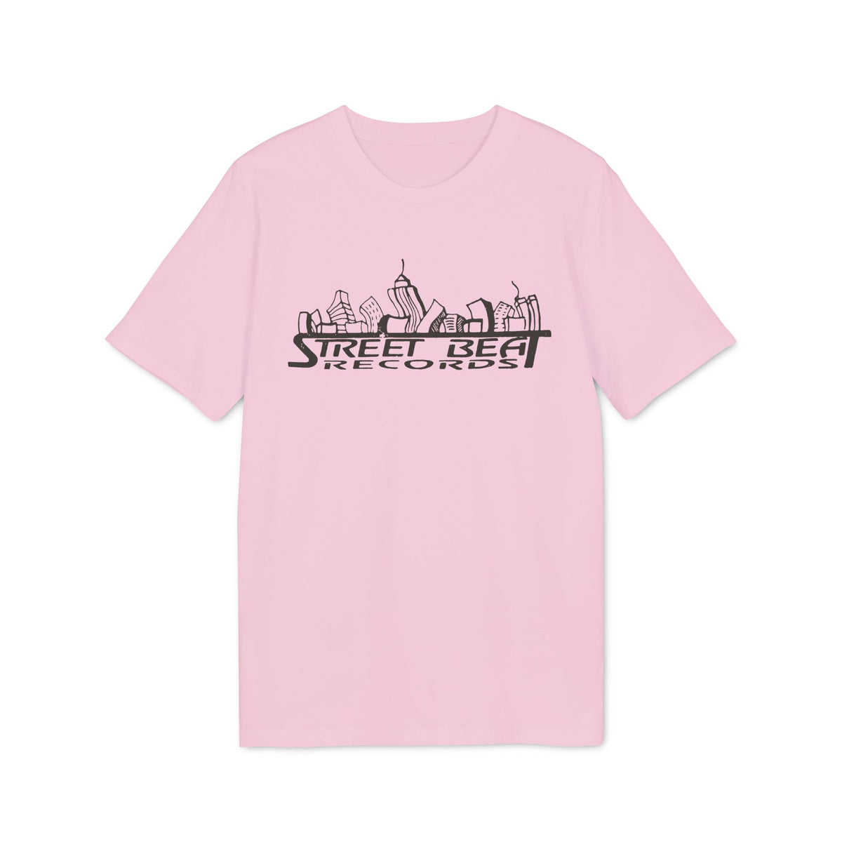 A short-sleeved pink t-shirt featuring a black graphic of a stylized city skyline and the text Street Beat Records.