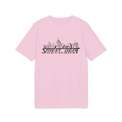 A short-sleeved pink t-shirt featuring a black graphic of a stylized city skyline and the text Street Beat Records.